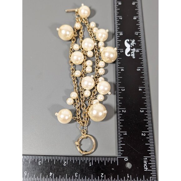 Retro Faux Pearl Charm Triple Chain ChaCha Bracelet Gold Tone Elegant 7" - Picture 11 of 11